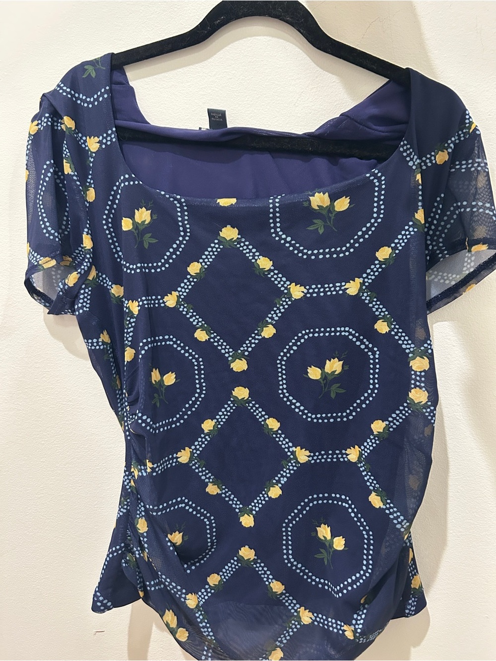 Maeve Navy Blue Short Sleeve Floral Square Neck Blouse